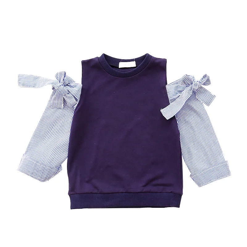 

girls t shirts 2019 autumn strapless striped blouse sleeve patchwork baby girl tshirt bowtie children top tees kids bottom shirt