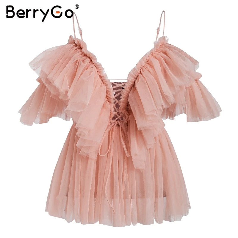 Nude Pink BerryGo женская блузка, винтажные летние блузки с рюшами, Рубашки, Топы с открытыми плечами, сексуальный топ с баской, Женская сетчатая блузка с открытой спиной, блузы - Цвет: Nude Pink