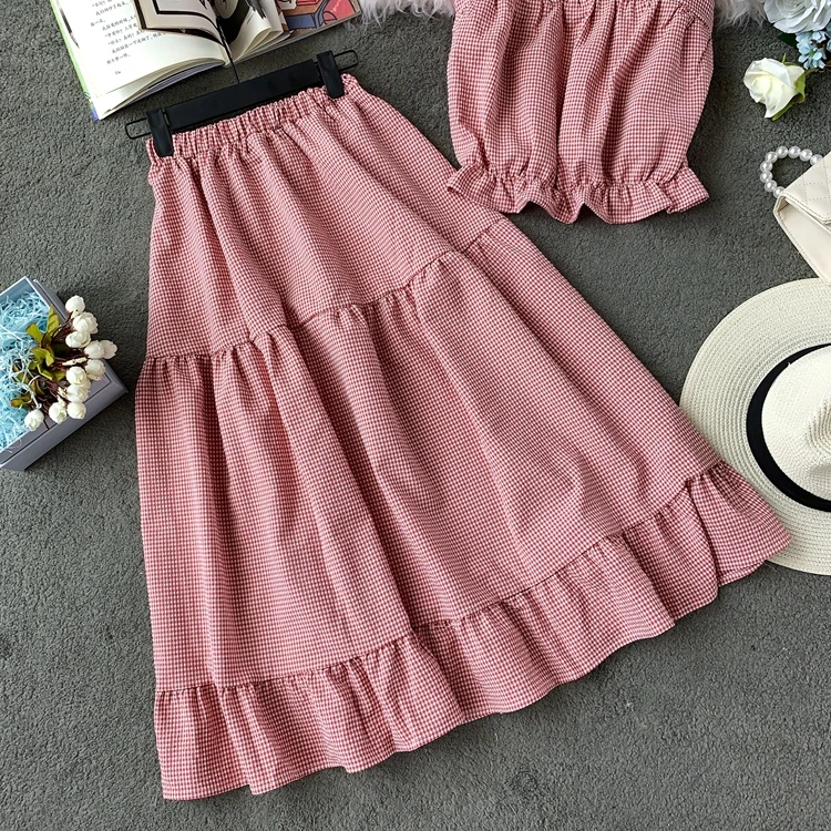 ALPHALMODA/ летний укороченный топ+ юбка трапециевидной формы, женский милый комплект из 2 предметов, куртка и юбка в клетку с высокой талией