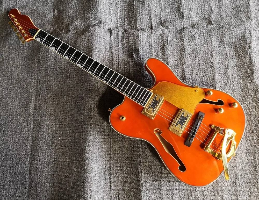 Высококачественный QShelly custom orange TL полый корпус f hole ebony фингерборд Золотой мост