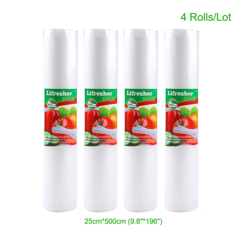25x500cm 4 rolls Lifresher 3 рулона/партия вакуумные пакеты для пищевых продуктов, вакуумный пакет для хранения, кухонная упаковка, пластиковый герметик в рулоне 12 15 20 25 28*500 см - Цвет: 25x500cm 4 rolls