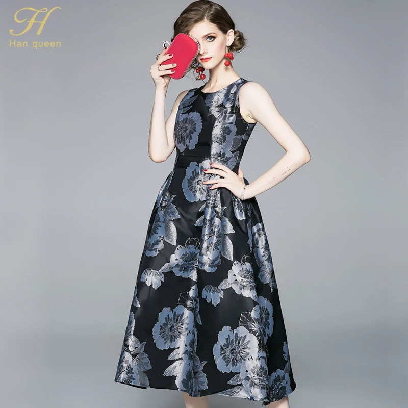 Photo Color H han queen, новое модное летнее платье, для работы, повседневные, вечерние, обтягивающие, с круглым вырезом, сексуальные жаккардовые платья для женщин, на бретелях, ТРАПЕЦИЕВИДНОЕ, до середины икры, Vestido - Цвет: Photo Color