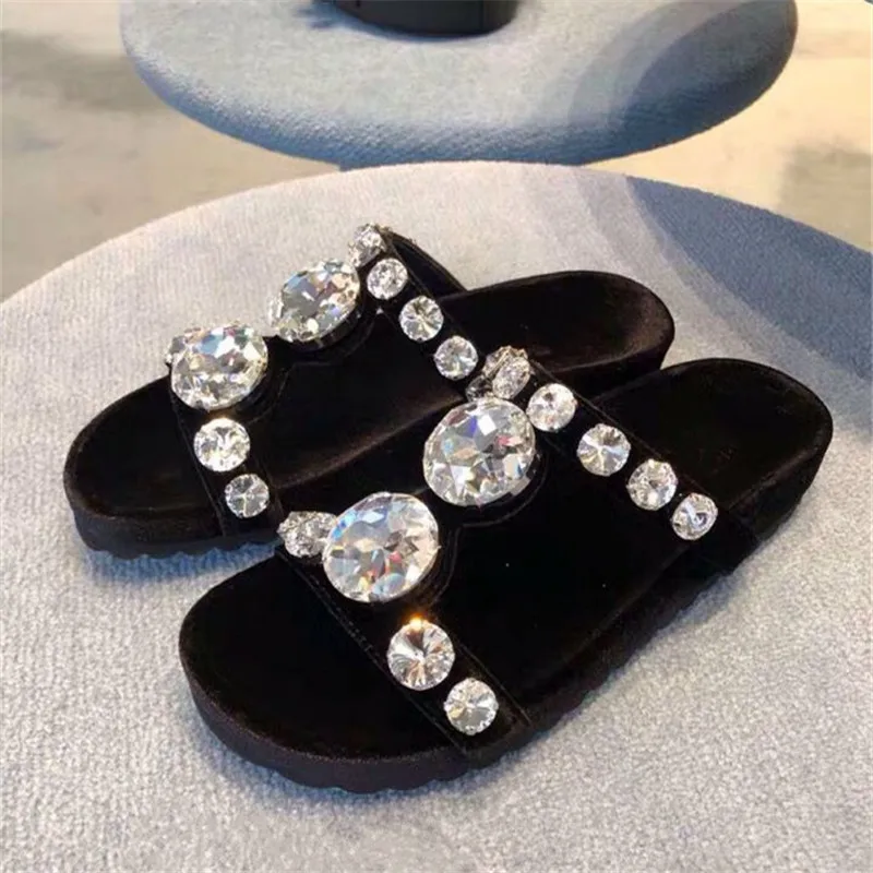 four crystal Knsvvli/женские шлепанцы на плоской подошве; коллекция года; Летние повседневные женские сабо на платформе с открытым носком; модное украшение с кристаллом; пляжная Праздничная обувь - Цвет: four crystal