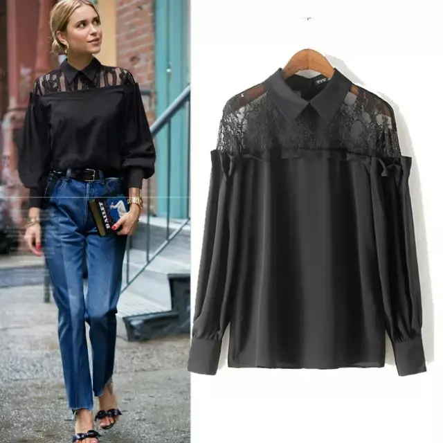 Новая коллекция весна женщины шифон блузки Lattern рукава рубашки кружева шить