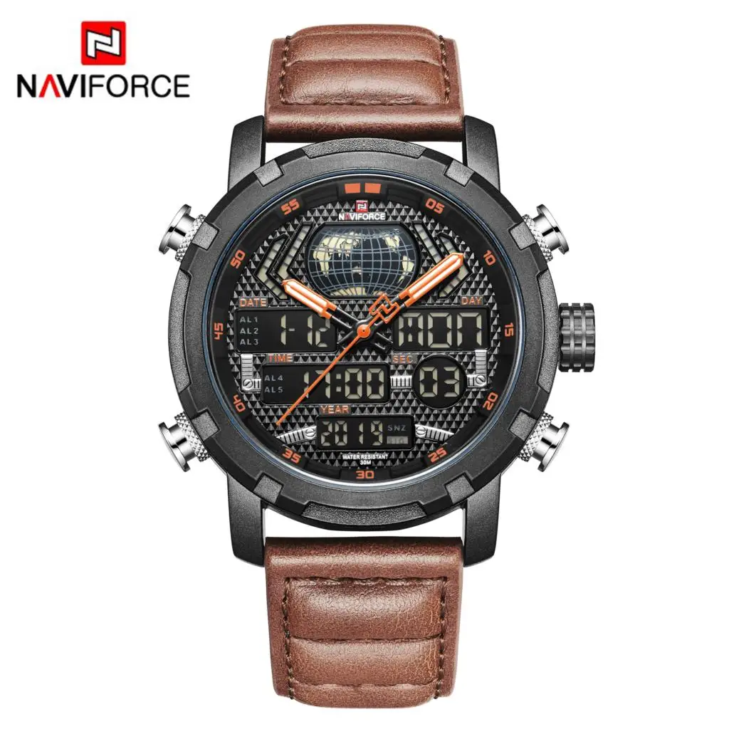 Brown Orange NAVIFORCE мужские s часы Топ бренд Роскошные спортивные часы для мужчин кожаный ремешок 30 м водонепроницаемый Miliary двойной дисплей наручные часы - Цвет: Brown Orange