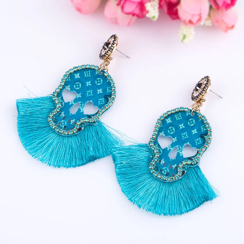 E1125 Blue Sehouran модные Oorbellen серьги с ниспадающими кисточками для Для женщин Разноцветные череп подвеска с бахромой, серьги в виде капель с Свадебная вечеринка подарки - Окраска металла: E1125 Blue