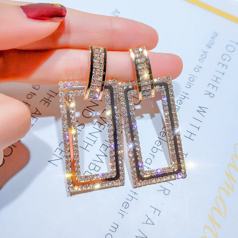 FYUAN, стразы, геометрические Висячие серьги для женщин, новинка, Bijoux, золотой цвет, прямоугольные хрустальные свисающие серьги, ювелирные изделия, подарки