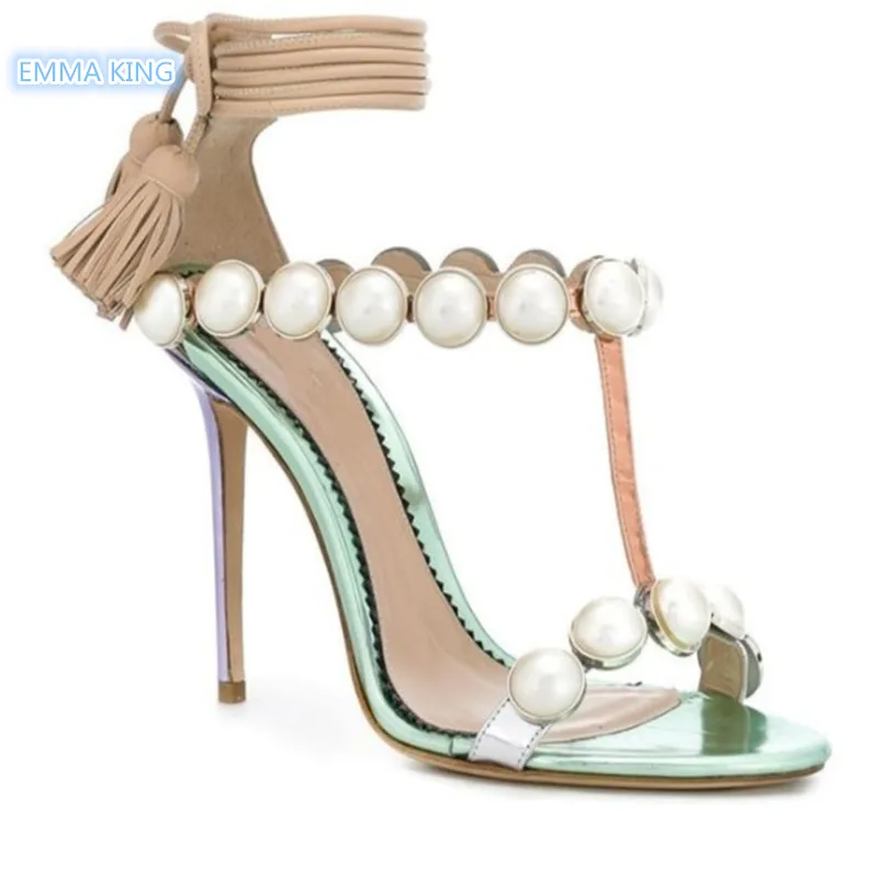 Summer Fashion Pearl Decorative High Heels Sandals Women Lace Up Fringe Sandalias Mujer Stilettos Party Luxury Sapatos Feminino