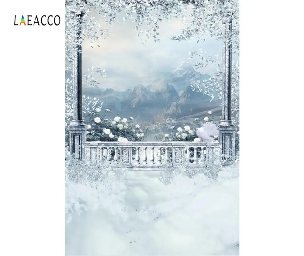 Фотофон Laeacco с изображением зимнего сада ледяного фонтана цветов снега