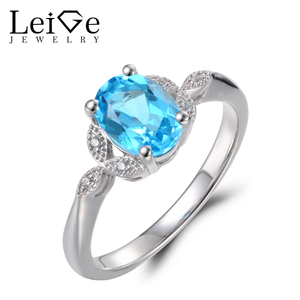 

Leige Jewelry Real Swiss Blue Topaz Rings Unique Promise Rings November Birthstone Oval Cut Gems 925 Sterling Silver for Women