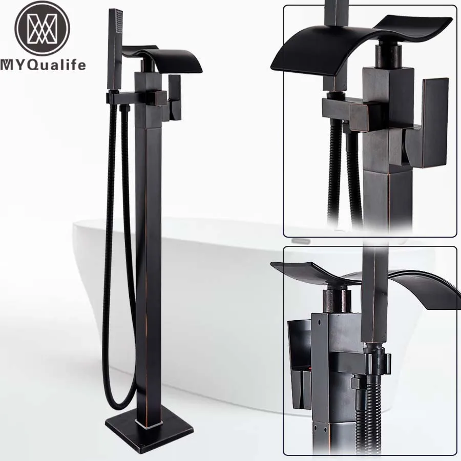 

Black Bronze Free Standing Bathtub Mixer Faucet Single Handle Brass Waterfall Tub Mixers Floor Mounted Claw Foot Bath Shower Set
