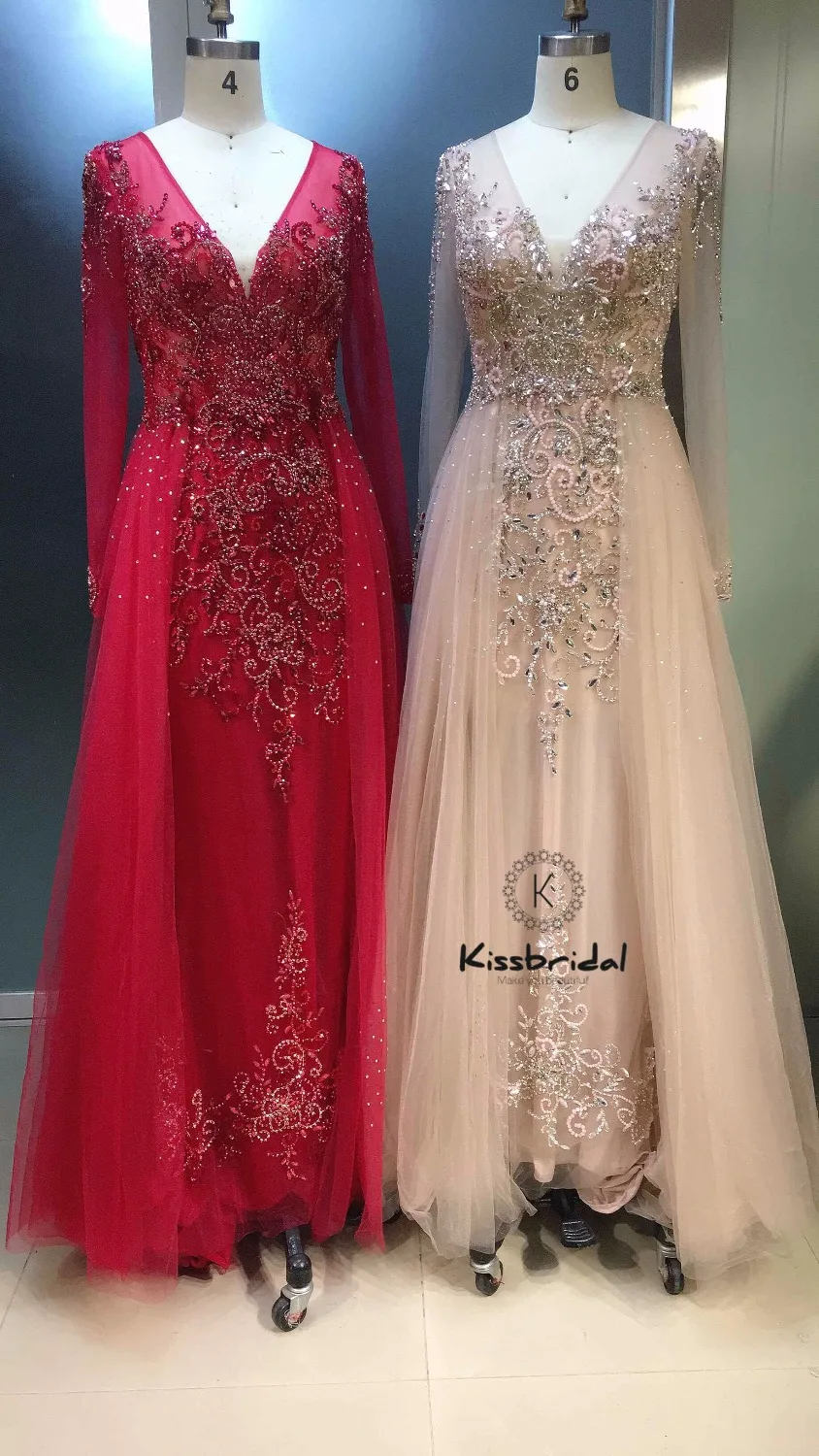 

Amazing Red Evening Dresses Long Sleeve 2019 kleider damen abendkleid Tulle Prom Party Dress For Women