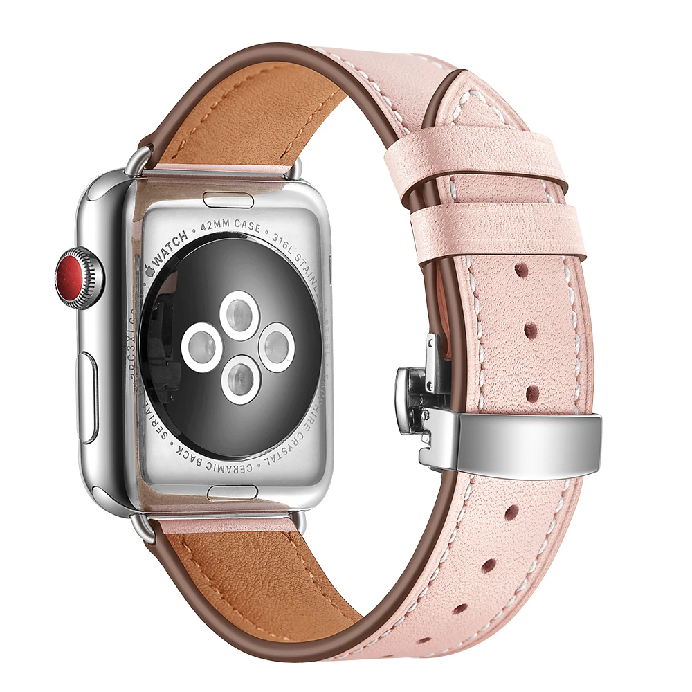 Высокое качество кожаный ремешок для наручных часов Apple Watch Series 4 44 мм 40 мм серебряная застежка-бабочка, браслет на запястье, ремешок для наручных часов iWatch 3/2/42 38 мм