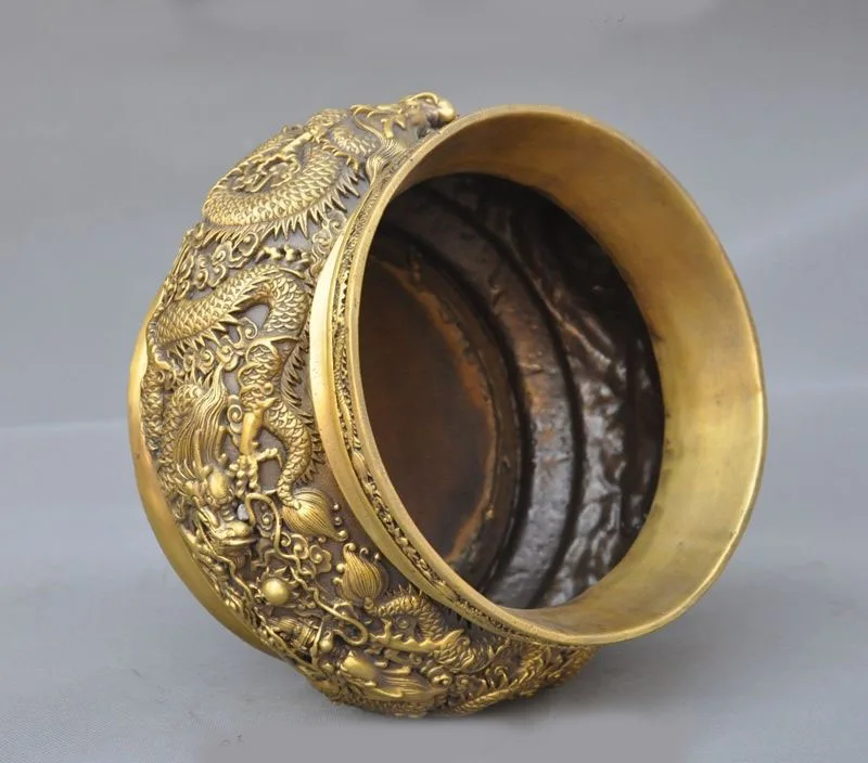 

wedding decoration 9" China pure brass Dragon Play bead lucky statue Incense burner Censer Bowl pot New Year