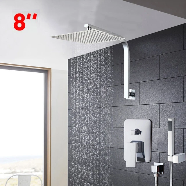 8 Inch Shower Set JIENI 8, 10, 12, 16 дюймов светодиодный дождевой душевой набор для ванной комнаты, ручная Душевая насадка, настенный квадратный хромированный латунный душевой набор с водопадом - Цвет: 8 Inch Shower Set