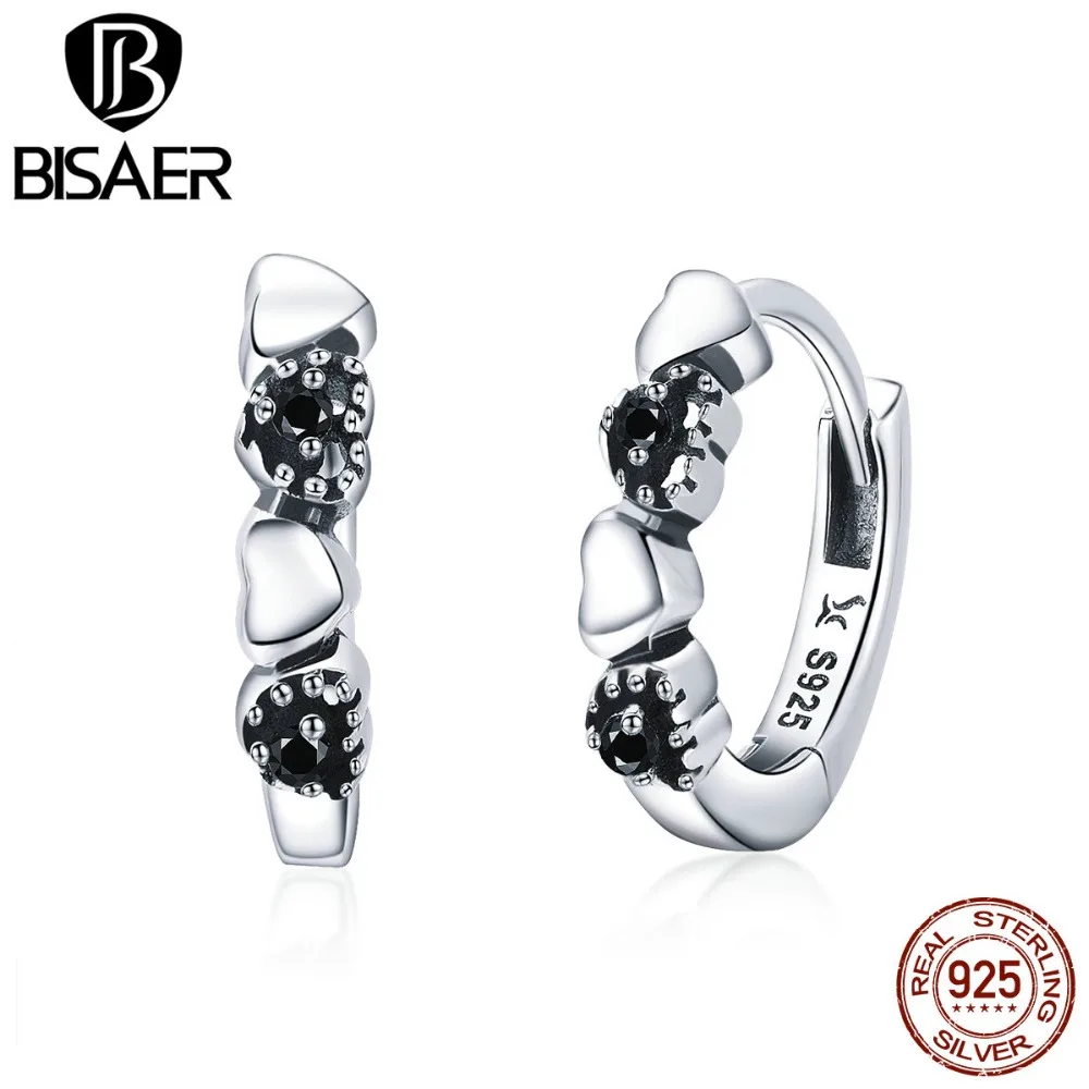 BISAER, 925 пробы, серебряные, с сердцем, круглые серьги-гвоздики для женщин, черный, Круглый Фианит, модные серьги, ювелирные изделия, Brincos ECE445