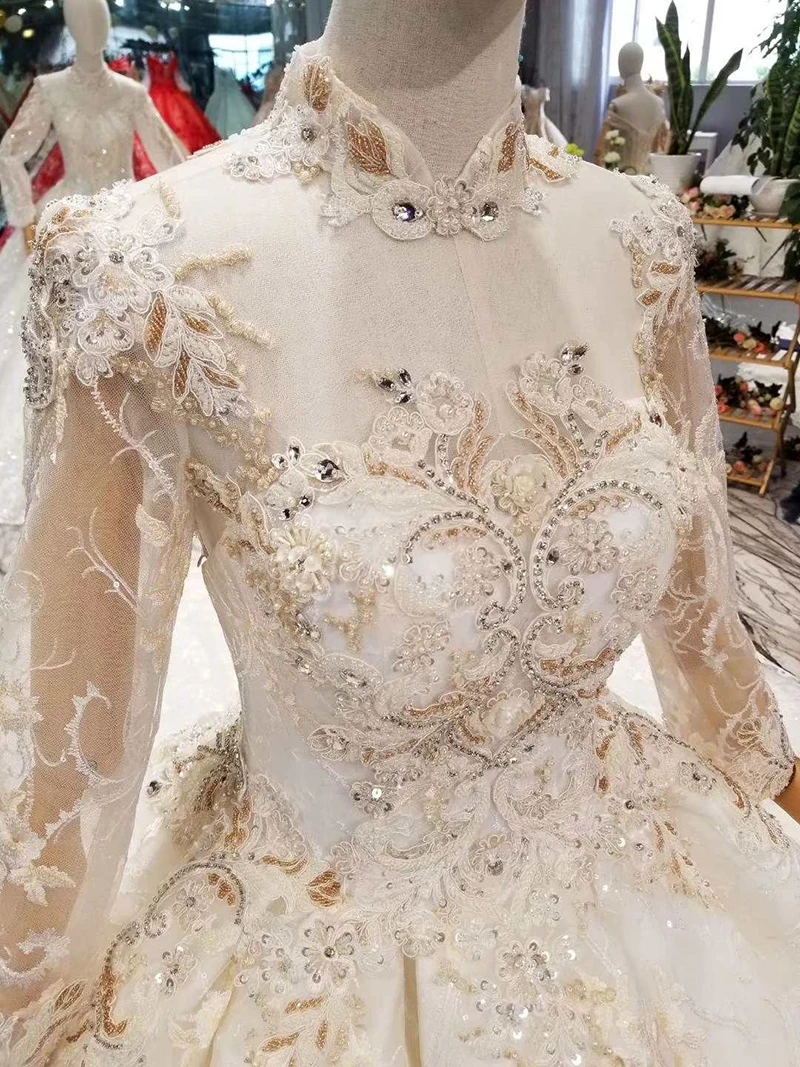 LS014651 подвенечное платье с длинным рукавомСвет Шампанское высокой горловиной