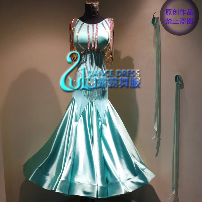 Женское платье для танго и вальса мятно зеленое соревнований по американскому