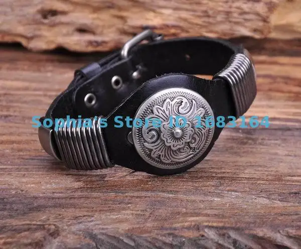 S542 Черная байкерская винтажная Цветочная Шипованная Мужская кожа наручный