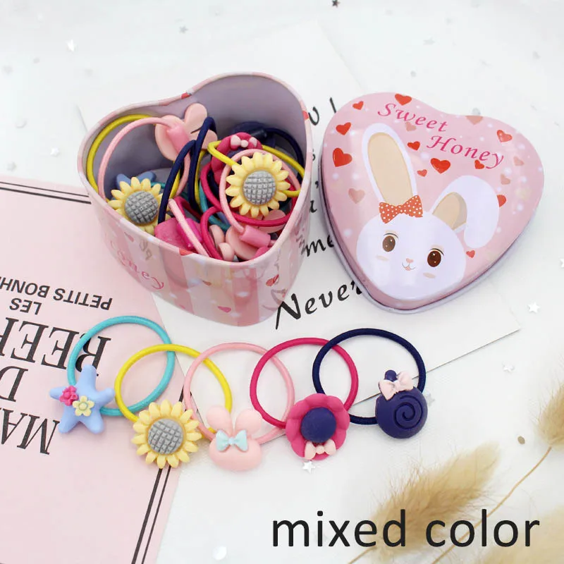 Q 20Pcs Kids Hair Bands Rubber Fashion Ring Elastic Gift Box Girls Headwear Accessories Cute Cartoon Candy Color | Аксессуары для