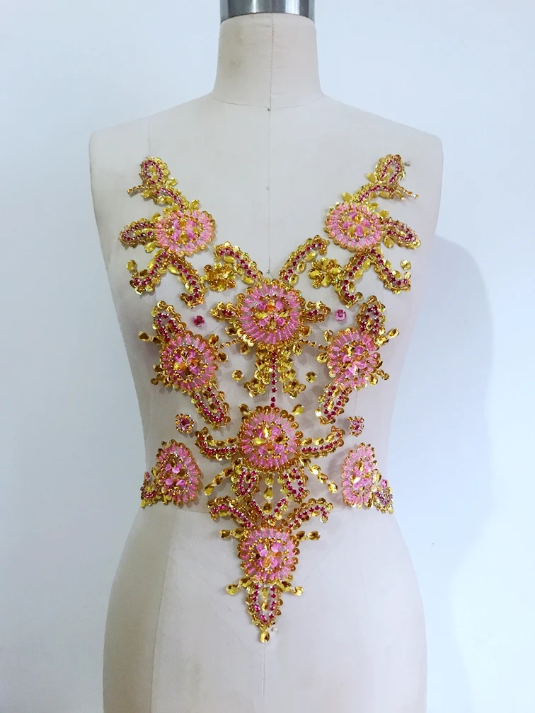

golden/pink Sew on rhinestones applique on mesh handmade crystals/beads/gem stones patches for dress cloth 45*35cm
