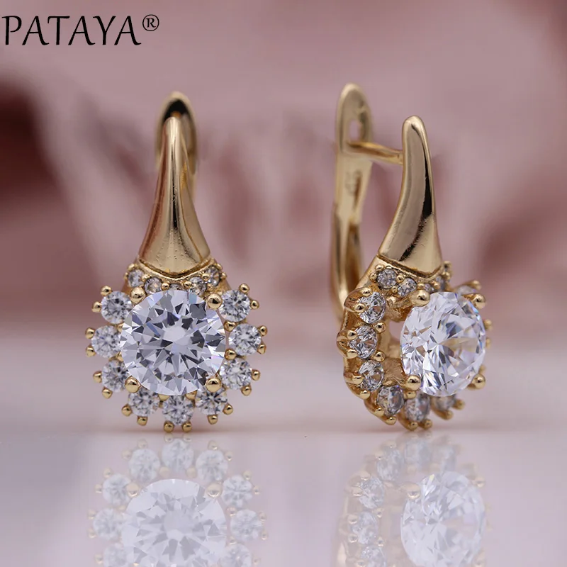 White PATAYA, новые круглые темно-синие свадебные висячие серьги, женские милые вечерние серьги с цветами, модные ювелирные изделия, 585 розовое золото, серьги с натуральным цирконием - Окраска металла: White