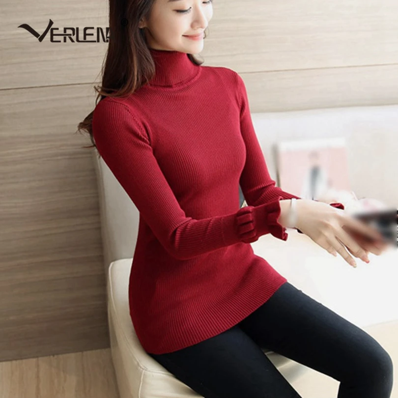 Verlena 2019 Soft Turtleneck Basic Women Sweater Long Sleeve Rib Stretch Knit Black Pullovers Ruffle Flare Cuff Autumn Jumper | Женская
