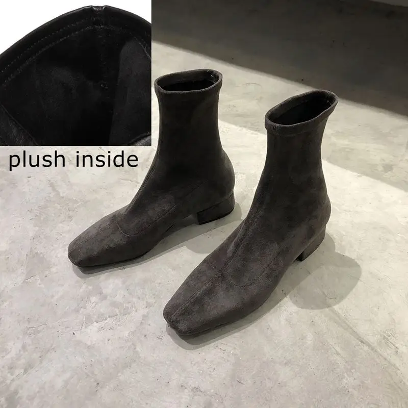 plush inside gray YINKOGET/модные брендовые женские ботинки из флока на среднем каблуке удобные ботильоны для отдыха осенне-зимние ботинки с острым носком для девочек - Цвет: plush inside gray