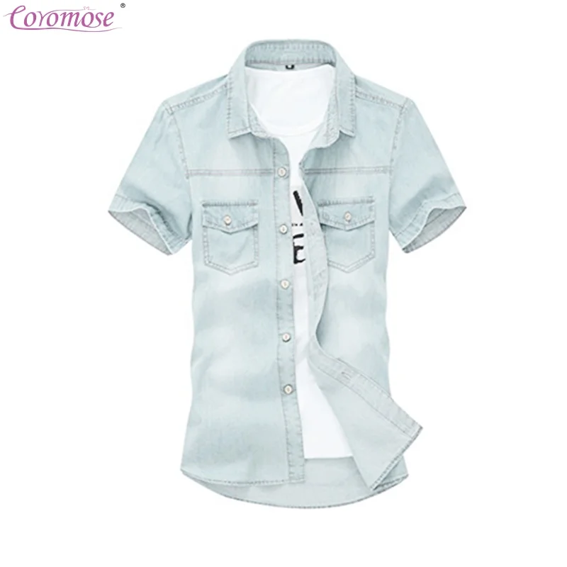 У Новые мужские повседневные короткий рукав джинсовая рубашка роскошные