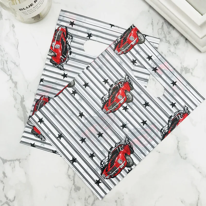 Small White Cartoon Car Black Stripes 15x20cm Plastic Gift Bag With Handles Jewelry Handle Bags For Shops 100pcs | Дом и сад