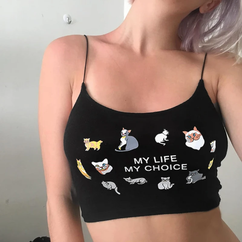HEYounGIRL повседневный черный топ на бретельках с принтом, без рукавов, с открытой спиной, милый укороченный Топ для женщин, уличная одежда, Cami, топы, футболки для девушек