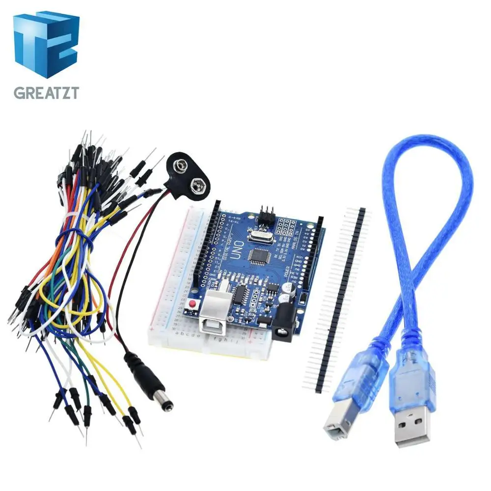 Starter Kit for arduino Uno R3- Bundle of 5 Items: Uno R3, Breadboard, Jumper Wires, USB Cable and 9V Battery Connector