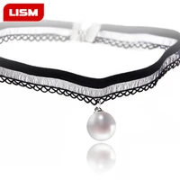 fashion cloth lace choker necklaces simulated pearl black short choker necklace for women jewelry
