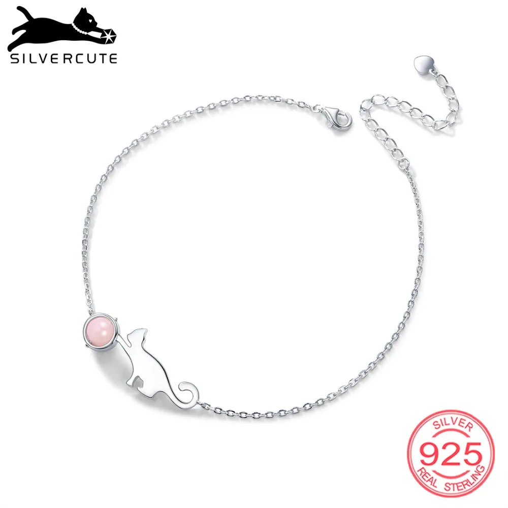 SILVERCUTE натуральный розовый кристалл браслет на лодыжку ножной браслет с котом для женщин Настоящее серебро 925 проба Boho летние ювелирные изделия SCA6446B