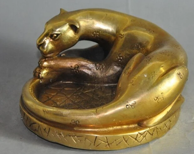 669 + старый китайский латунный по феншуй медный Леопардовый Золотой ягуар статуя