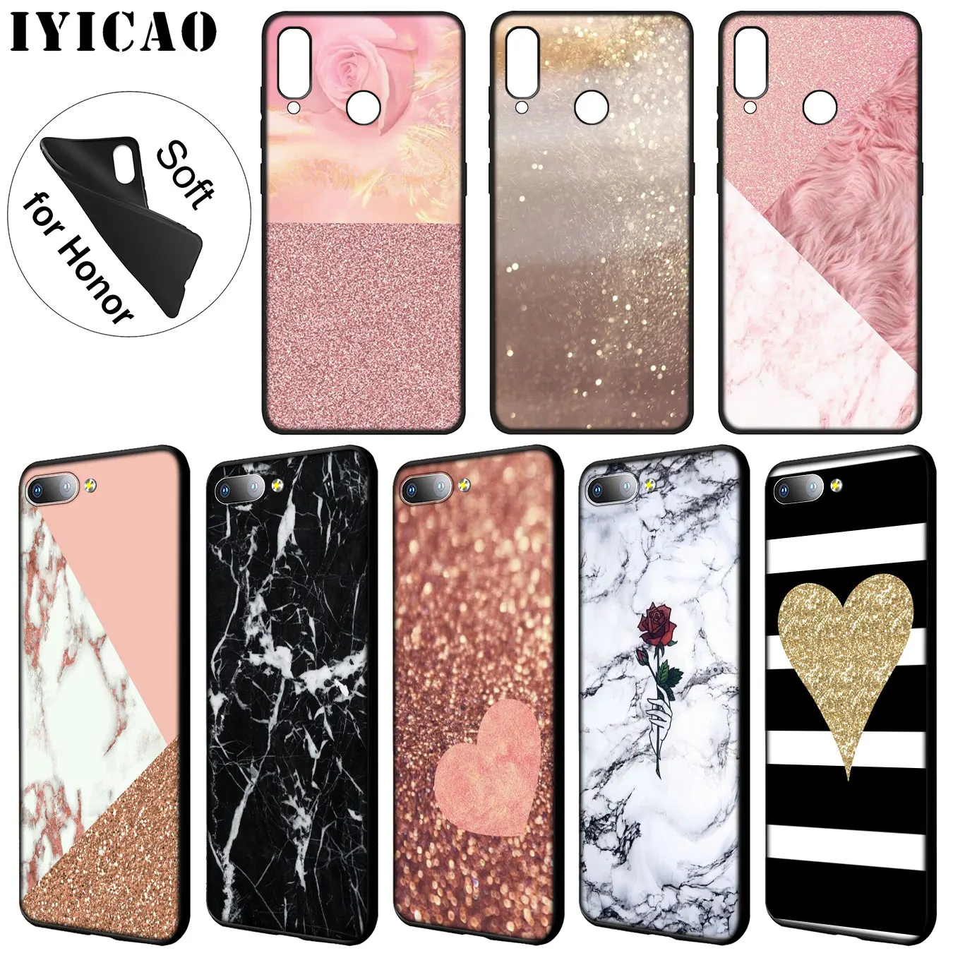 Marble Gold Pink rose Glitter Dust Soft Case for Huawei Y9 Y7 Y6 Prime 2019 Cover Honor 20 8C 8X 8 9 9X 10 Lite 7C 7X 7A Pro |