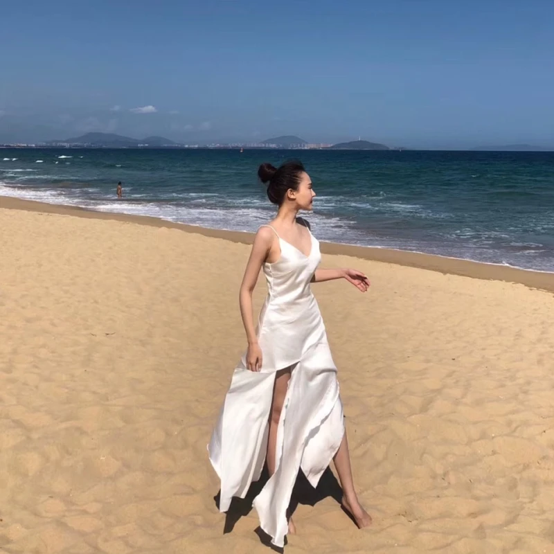 Women's Clothing Dresses summer new solid white dress long dresses sexy vintage Irregular spaghetti strap v-neck | Женская одежда