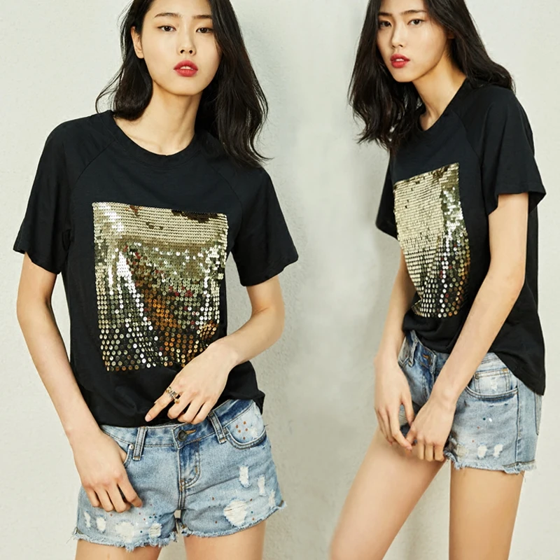 Весенне летняя Корейская свободная хлопковая белая футболка с блестками
