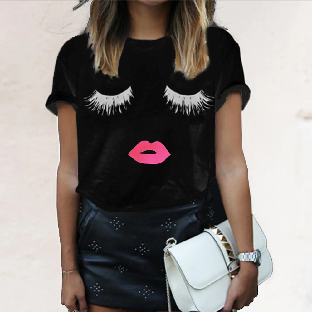 New Arrival Women Fashion Summer T Shirt Tops Casual O Neck Short Sleeve Eyelash Red Lips Print Tee Female EF6220 | Женская одежда