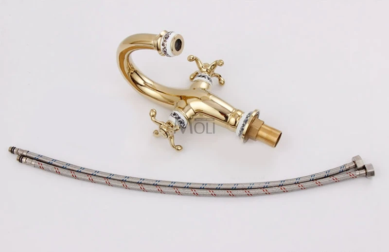 Роскошный Золотой смеситель для раковины в ванную комнату медный с одним