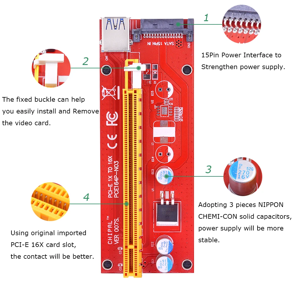 CHIPAL 100 шт. Стандартный VER007S 0 6 M PCI E 1X до 16X Райзер карта расширения + USB 3 кабель/15Pin SATA
