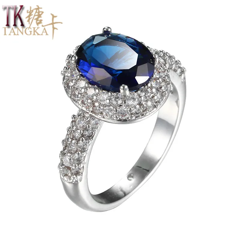 TANGKA top luxury blue zircon ring for fashion ladies romantic dating jewelry copper selling silver color woman's | Украшения и