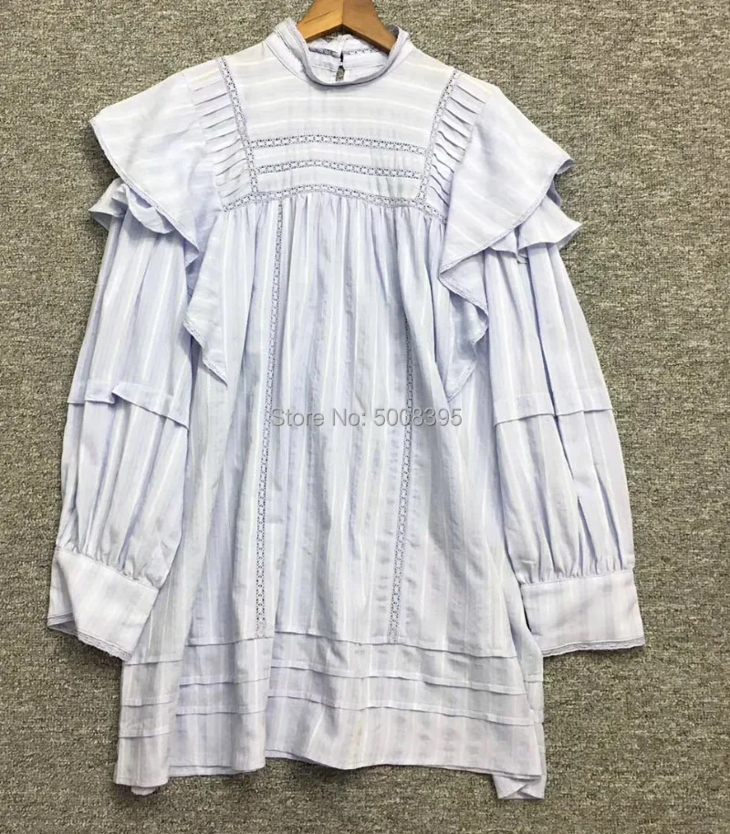 Woman Embroidered COTTON Mini DRESS lace stand collar Drop shoulder Ruffled Long Puff Sleeves - Цвет: Синий