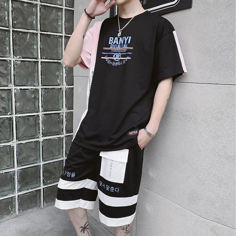 Rlyaeiz High Quality 2019 Summer Men Tracksuit Sets Casual Color Patchwork Letter Printed T shirts + Shorts Male Sporting Wear | Мужская