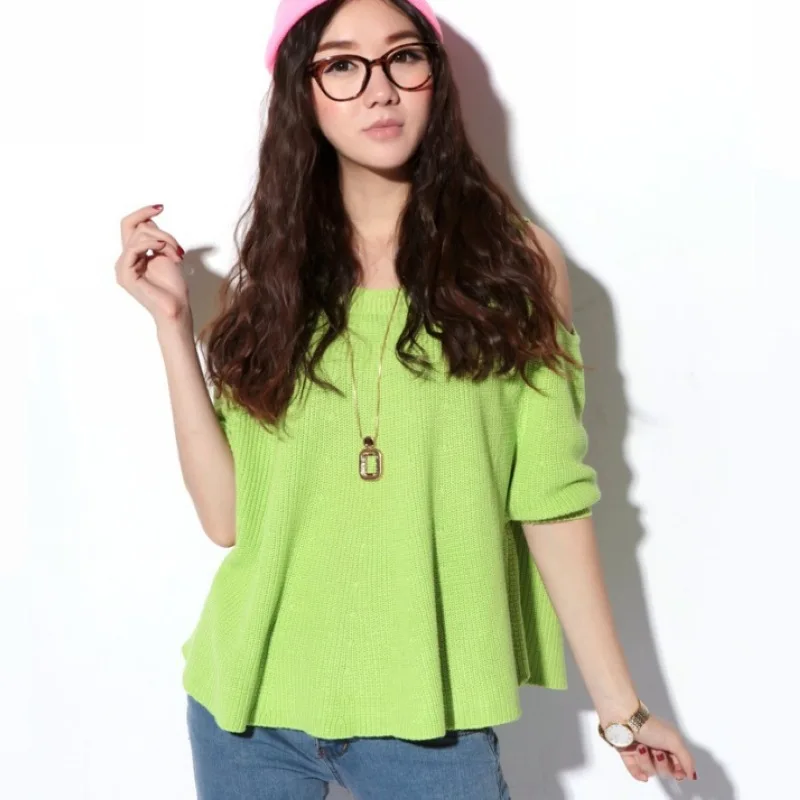 Free shipping 2015 New fashion Spring/Autumn Korean Women Sweet cute temperament batwing sexy strapless pullover sweater 4 color | Женская