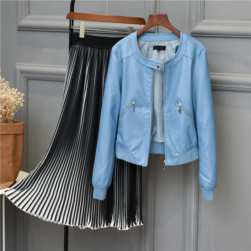 2019 Women O-neck Zipper Faux Leather Jacket Short Biker Coat Casual Jackets Female Plus Size S-4XL Basic Outwear Korean Free | Женская