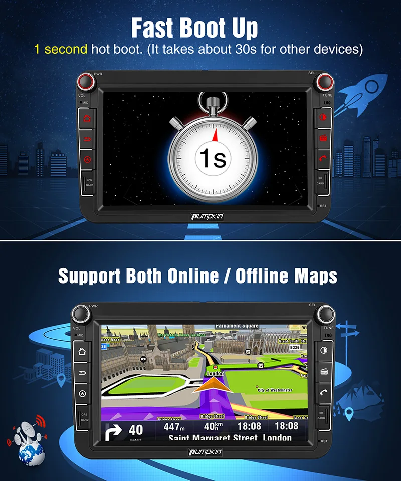 Тыква 2 Din 8 'ɺndroid 9 0 автомобильное радио стерео без dvd-плеера GPS навигация для