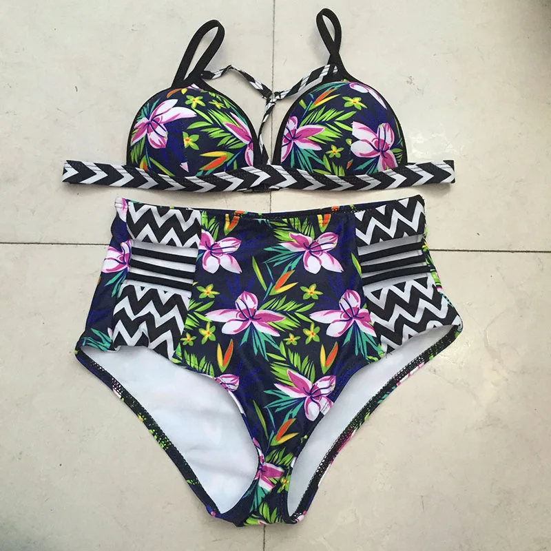 

Bikini Bikinis Push Up 2021 High Waist Swimsuit Women Fitness Swimwear Green Floral Retro Bathing Suit Swimming Suit For Woman
