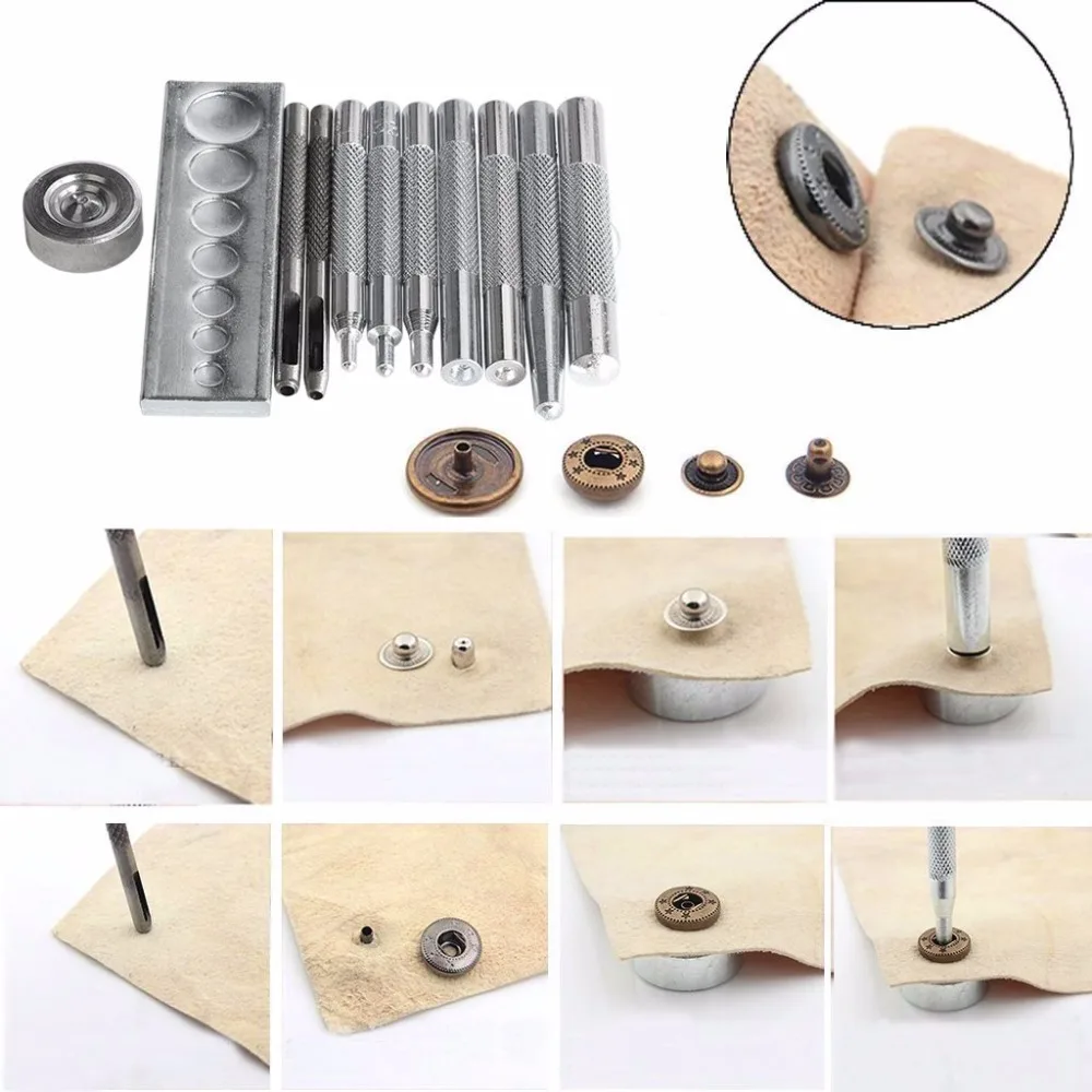 8PCS/SET Diy Metal Buttons Jean Button Leather Craft Tool Die Punch Snap Kit Rivet Setter With Base |