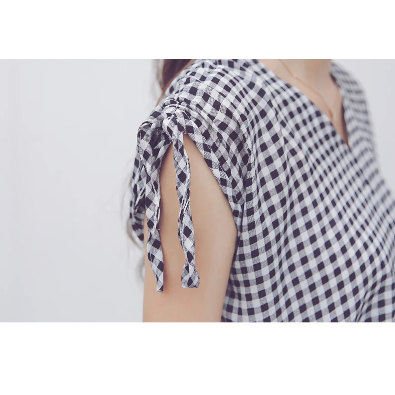 2017 Летом Случайные женские Наборы 2 Шт. Набор V Шеи Черный клетчатой Рубашке Топ и